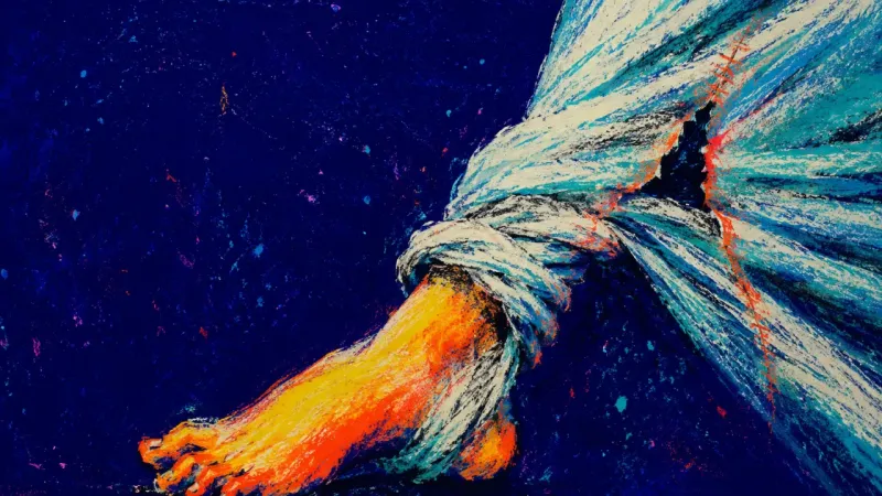 Rest Under Tension A foot twisting a bedsheet into a tight rope around the ankle, symbolizing bedtime burnout and a 몸?