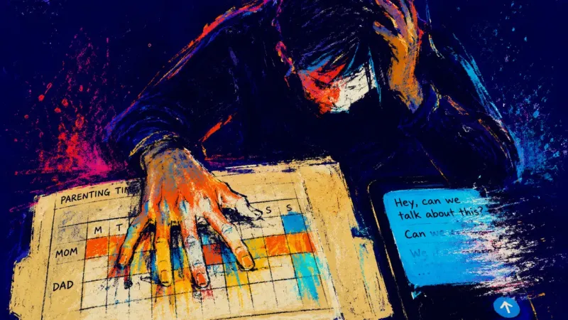 The Unsent Appeal An upper body bent over a custody schedule while rewriting an unsent phone text, reflecting conflict