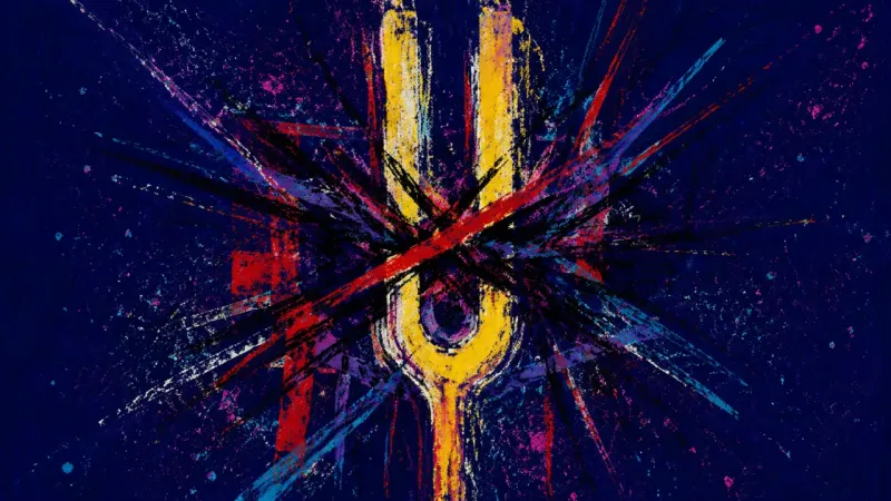 Choked Resonance A warped tuning fork bound by chaotic crossing marks, expressing conflict avoidance, self-silencing,
