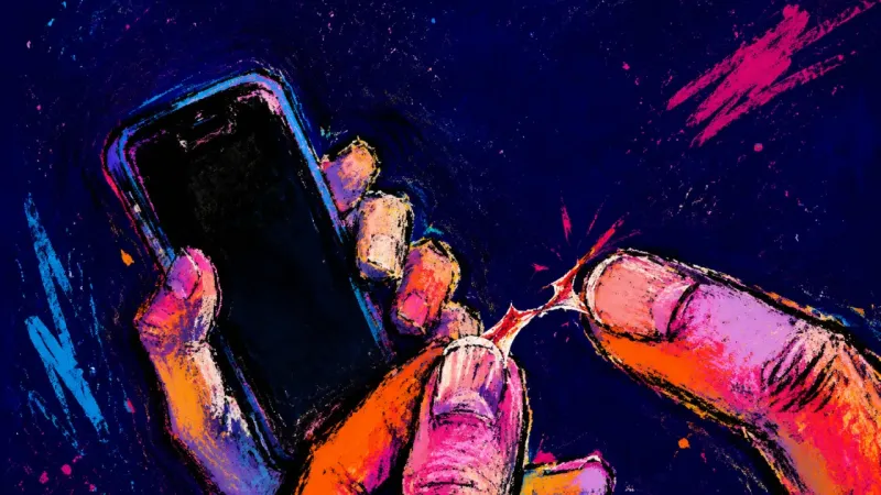 A hand holds a phone while the other thumbnail peels at a cuticle, capturing dating-app hesitation,
