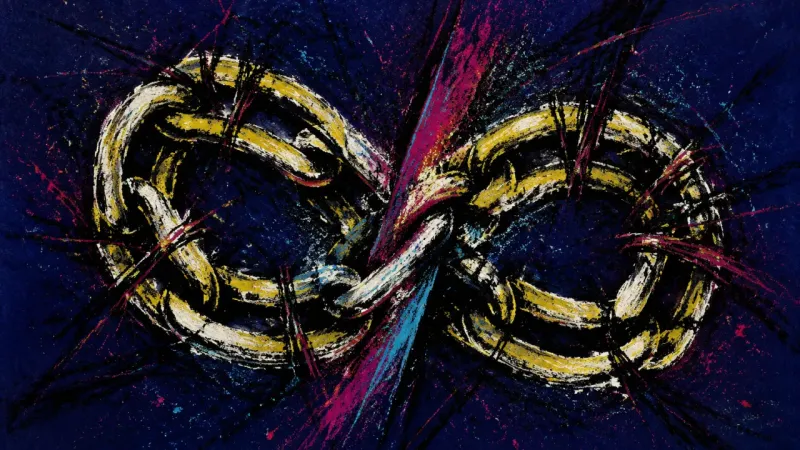 A chain twisted into a suffocating knot of marks, representing dating anxiety caught between craving