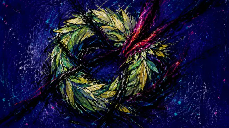 Recognition Under Siege A warped wreath trapped in chaotic lines, representing post-win imposter syndrome and pressure to pr