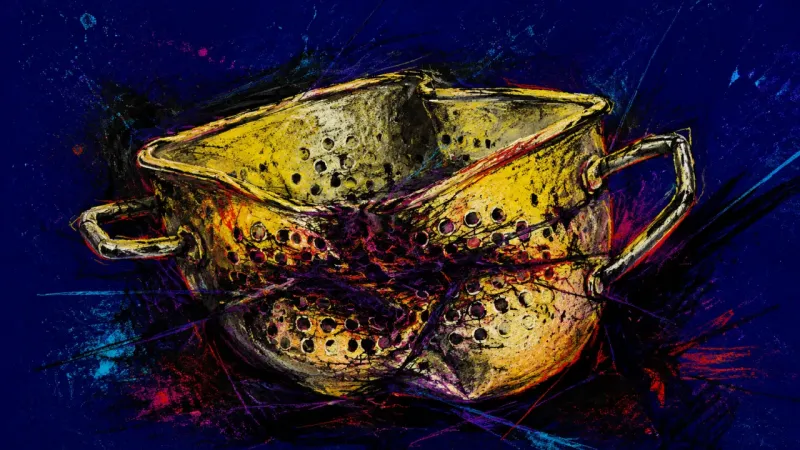 An abstract representation of digital clutter and delete paralysis, where a warped colander suggests