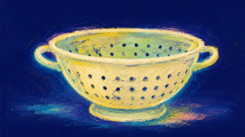 An abstract representation of digital decluttering resolved, where an open colander suggests trusted
