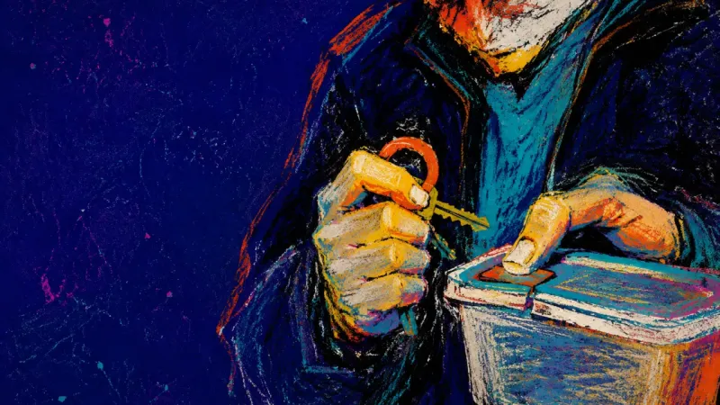 The Second Shift An abbreviated torso grips house keys while a hand stalls on a leftovers container latch, symbolzing
