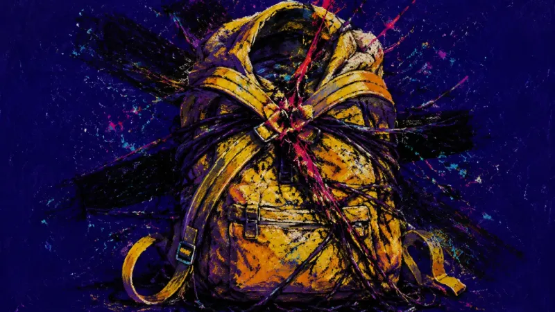 Borrowed Weight A distorted backpack bound by chaotic lines, representing the pressure of carrying emotional labor