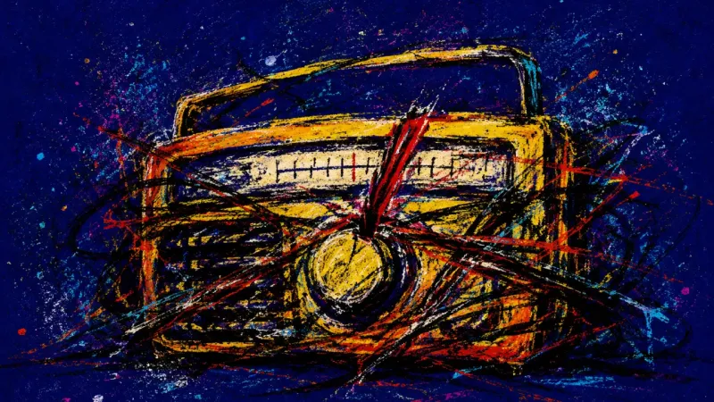 Jammed Frequency An abstract radio is warped and crowded by crossing lines, expressing family triangulation, self-cen