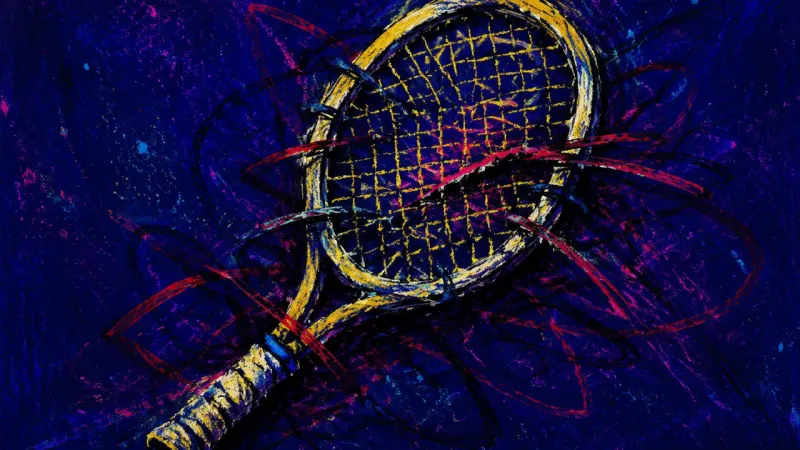 Misstrung Boundaries A warped tennis racket with a crushed inner grid, expressing roommate decision paralysis and fear