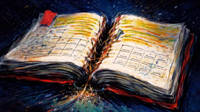 Verdict in the Margins An old test-prep book forced open at a split spine, with blank answer boxes untouched, echoing fear,