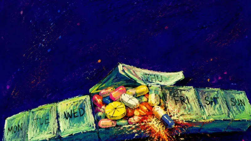 An overstuffed weekly pill organizer forced shut over mixed tablets, symbolizing a packed life stuck