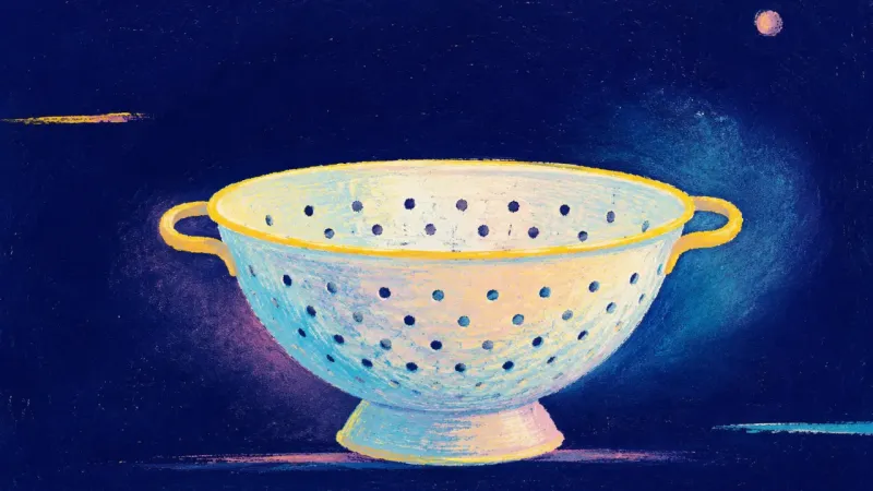 A restored colander with open, orderly perforations, representing clear boundaries, filtered