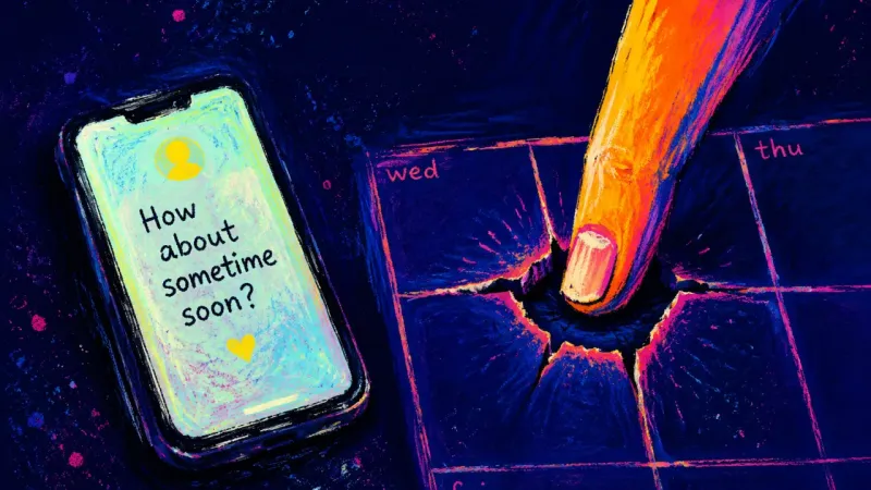 A chat invite and an empty planner square pressed inward by a rigid fingertip, representing overthn킹