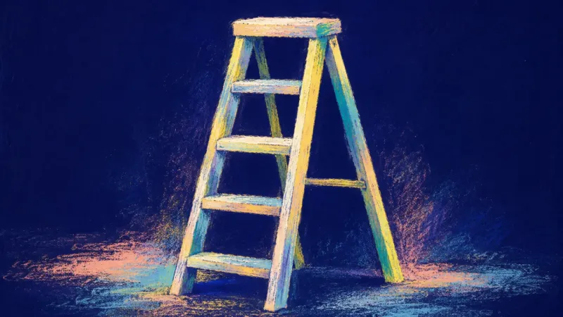 A step ladder restored to clean balance, representing direct questions, steady self-trust, and relie