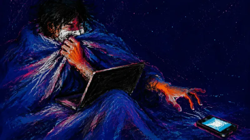 The 9:13 Loop An abbreviated figure in bed clutches a duvet beside a half-closed laptop and keeps reaching for a p
