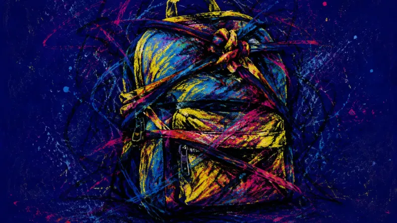 Choked Carry A backpack cinched by crossing straps and chaotic marks, representing family-triggered burnout, over