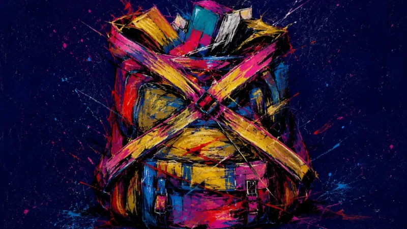 An overloaded backpack trapped in dense marks, representing deadline-driven indecision, comparison,
