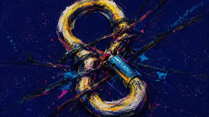 Jammed Threshold An abstract carabiner warped shut and tangled in chaotic marks, showing the stress of decoding s