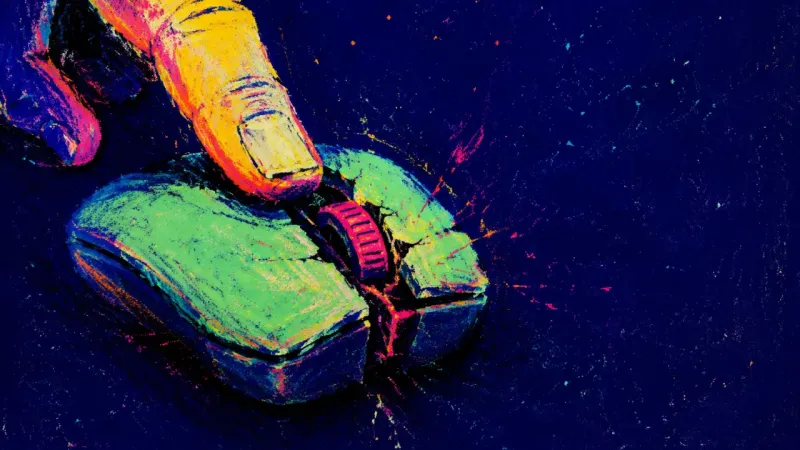 The Verdict Loop A computer mouse with a scroll wheel rubbed crooked under a tense finger, symbolizing late-night job