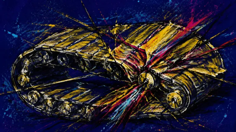 Disposable Loop A warped conveyor belt trapped in dense tangles, representing replaceability panic, compulsive over