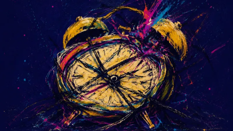The Bent Hour An alarm clock warped and constricted into chaos, representing burnout, productivity guilt, and