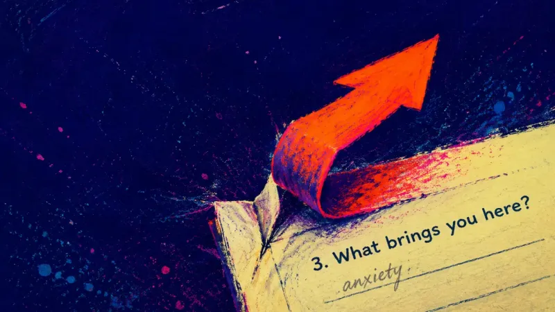 A page flag lifted and restuck over the same therapy-form answer until it curls inward and wrinkleś