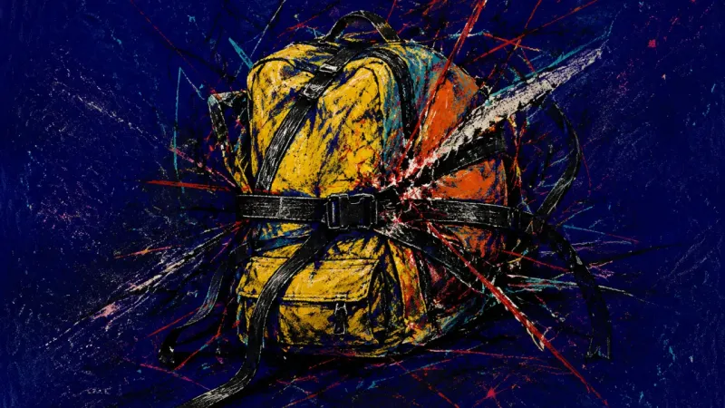 A distorted backpack bound in dense marks, representing over-responsibility, guardedness, and thé