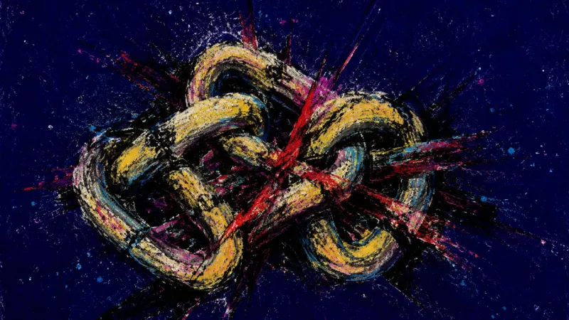 Verdict Choke A chain twisted into a suffocating knot, representing debt shame, inner-critic paralysis, and the o