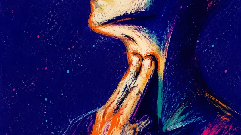 The Held Sentence Two fingers press into the throat as a held breath stalls speech, symbolizing the habit of going sil
