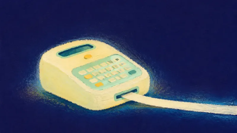 Self-Authored Line A restored label maker feeding a clean strip, symbolizing self-authored identity, honest expression,
