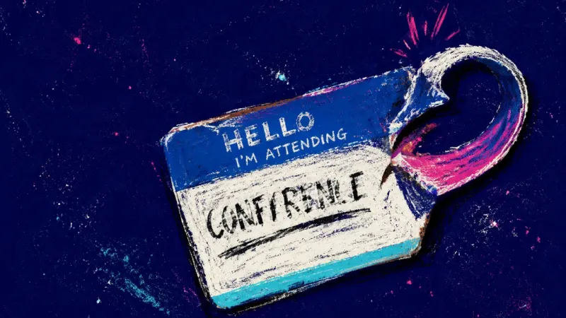 Borrowed Title A conference name tag with its title strip split and curled, symbolizing fear of naming yourself now