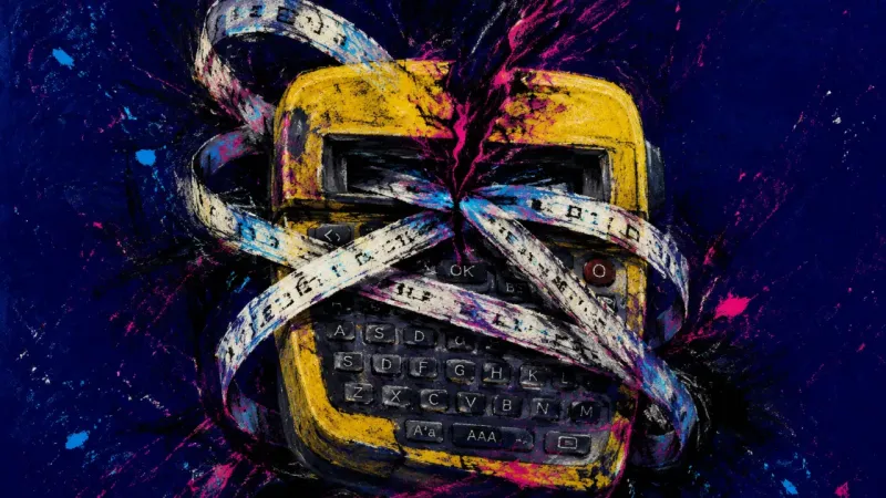 A label maker snarled shut by looping tape and cutting marks, representing self-censorship and fear