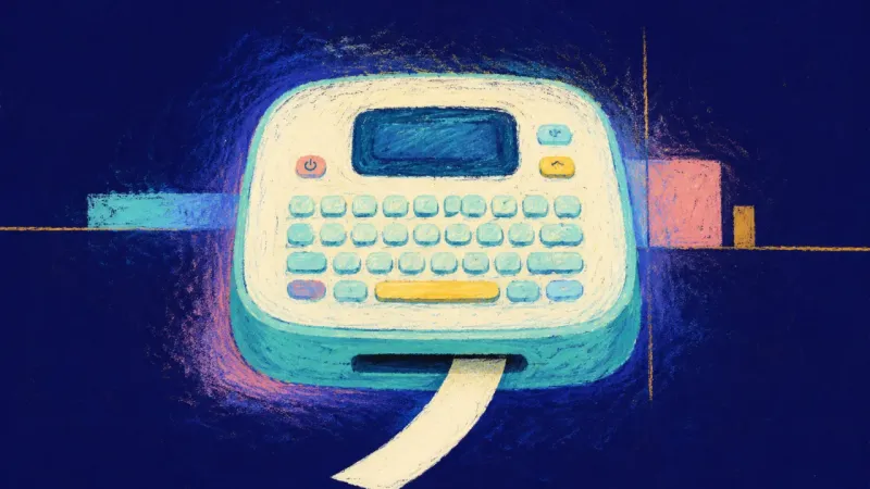 A restored label maker releasing one clean strip, representing steady self-trust and a present-focus