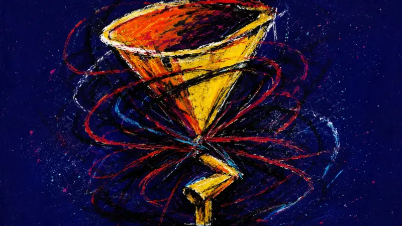 An abstract representation of decision paralysis, where a funnel is crushed shut by circling