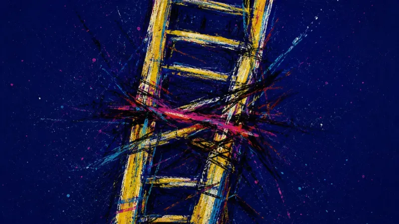 Stalled Rungs A distorted ladder trapped in tangled marks, representing identity limbo and the pressure of waiting