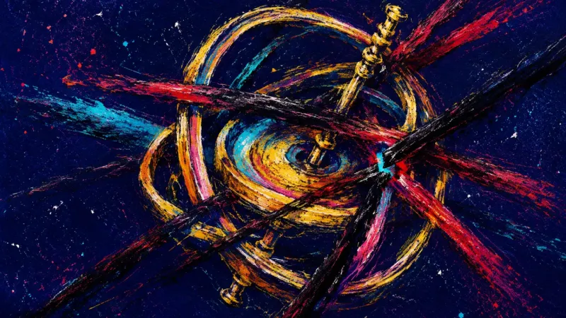 Jammed Axis A gyroscope warped by dense crossing lines, representing housing indecision, family pressure, and a