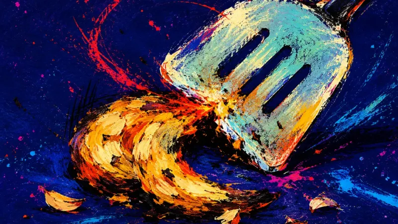 The Burned Pause A spatula frozen mid-turn as garlic burns into a stuck crescent, symbolizing how anxious waiting can