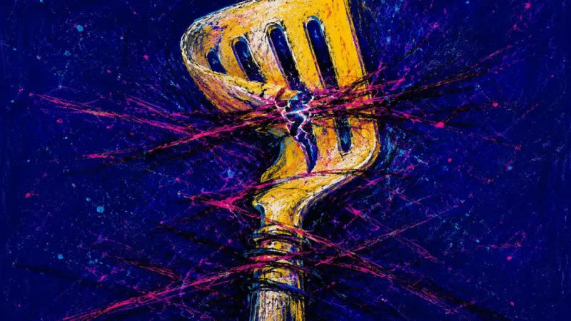 Stalled Turn An abstract visual of anxious attachment as a warped spatula caught in a dense tangle, showing