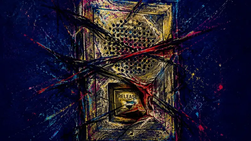 Access Under Strain An intercom panel warped and choked by aggressive marks, representing guilt-driven compliance and a.