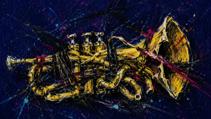 A distorted trumpet trapped in chaotic pressure, representing shame, overanalysis, and fear of being