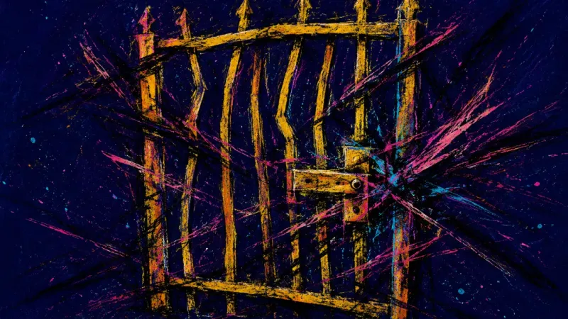 Jammed Access A warped gate jammed by chaotic lines, representing boundary confusion and the strain of waiting for