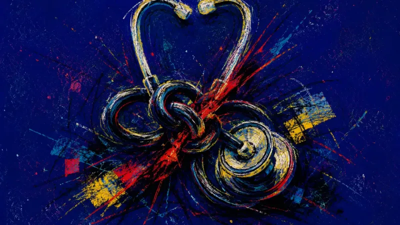 Choked Signal A distorted stethoscope trapped in chaotic lines, representing financial panic, compulsive monitorin