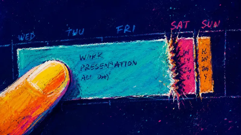 Borrowed Weekend A finger drags a calendar event wider until weekend plans compress into slivers, capturing how group