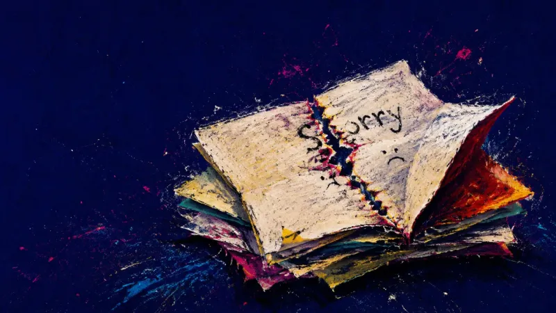 The Apology Archive Several tiny apology notes reopened until their folds split and buckle, symbolizing the urge to over