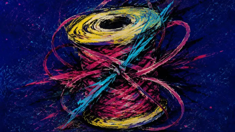 Coiled Defense A spool tangled in its own winding, representing compulsive overexplaining and the pressure to apol