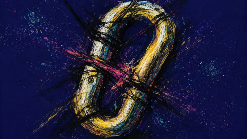 Seized Connection A distorted carabiner tangled in violent lines, representing self-doubt, over-control, and doing