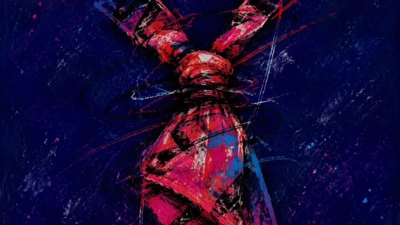 A necktie twisted into a choking knot and trapped in chaotic bindings, representing self-worth spir