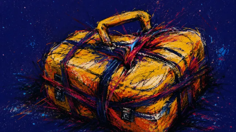 An abstract suitcase crushed and bound by chaotic lines, representing exhaustion, overcontrol, and a