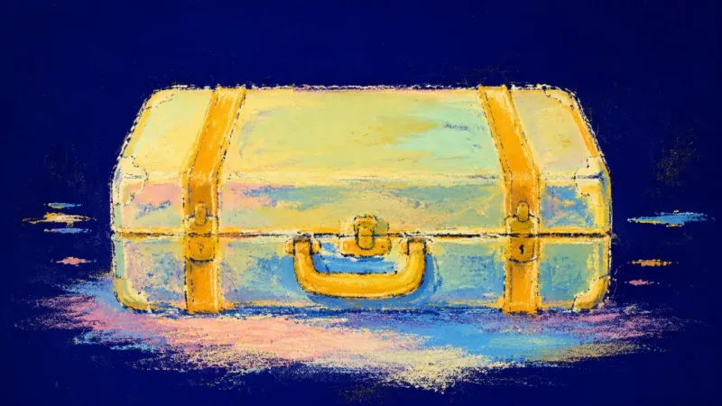 An abstract suitcase restored to an even, open form, representing recovery, protected boundaries, an