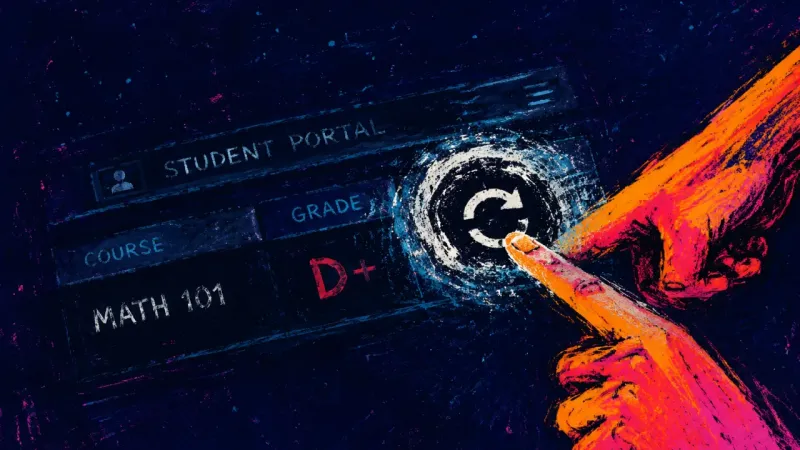 A finger repeatedly hitting refresh on a student grade portal while the score stays unchanged on the