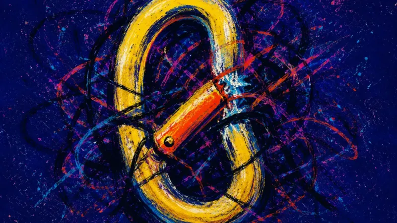 An abstract carabiner warped shut by chaotic loops, representing decision paralysis, pressure, and